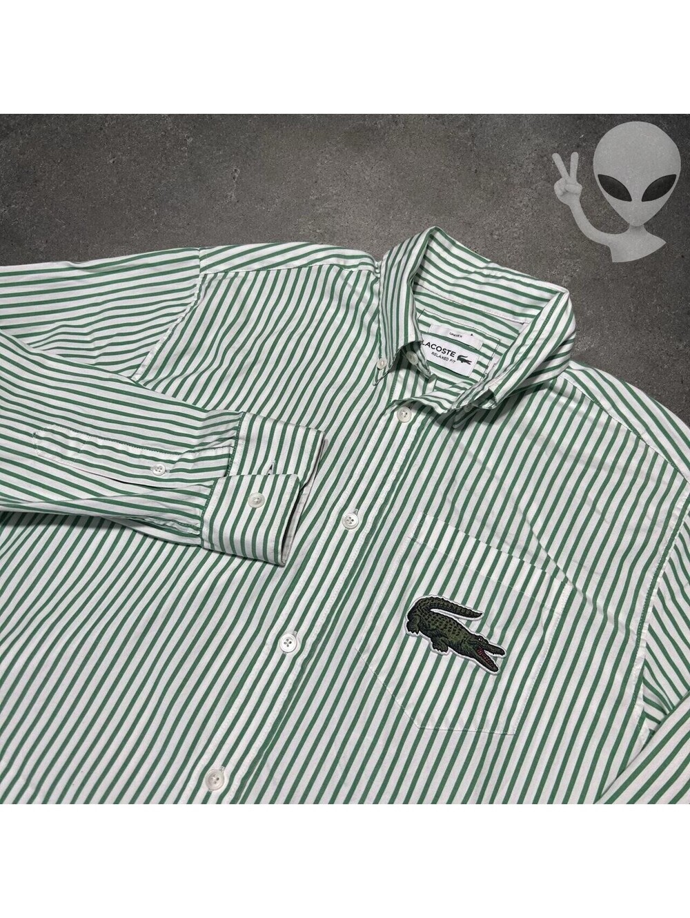 Lacoste Men Regular Fit Striped Oxford Shirt Green White L Croc Logo L